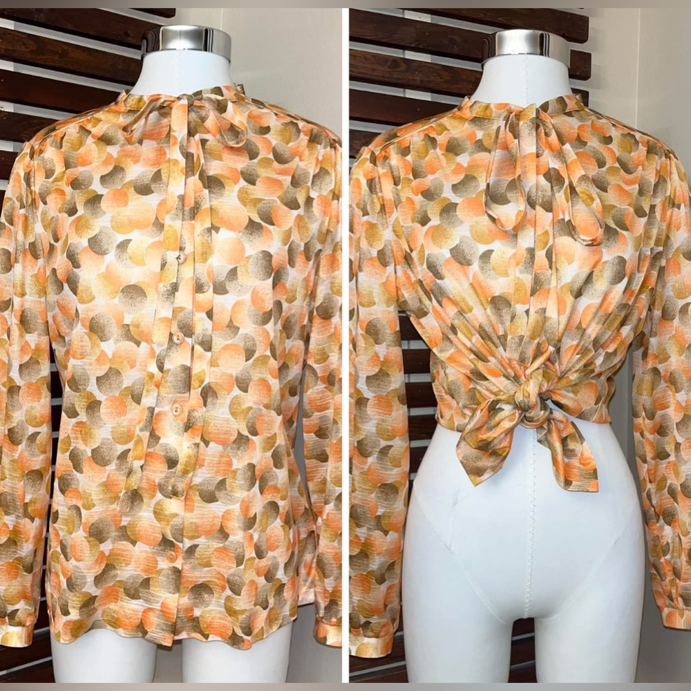 Vintage 1970s 70s Act III Sheer Orange Brown Bow Tie Neck Button Volup Shirt